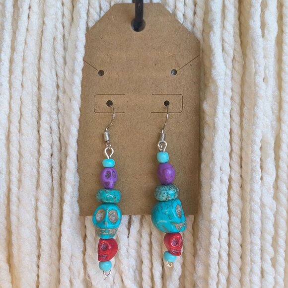 Handmade Day of the Dead Skull Earrings – Colorful Turquoise, Red & Purple Beads - Picture 1 of 3
